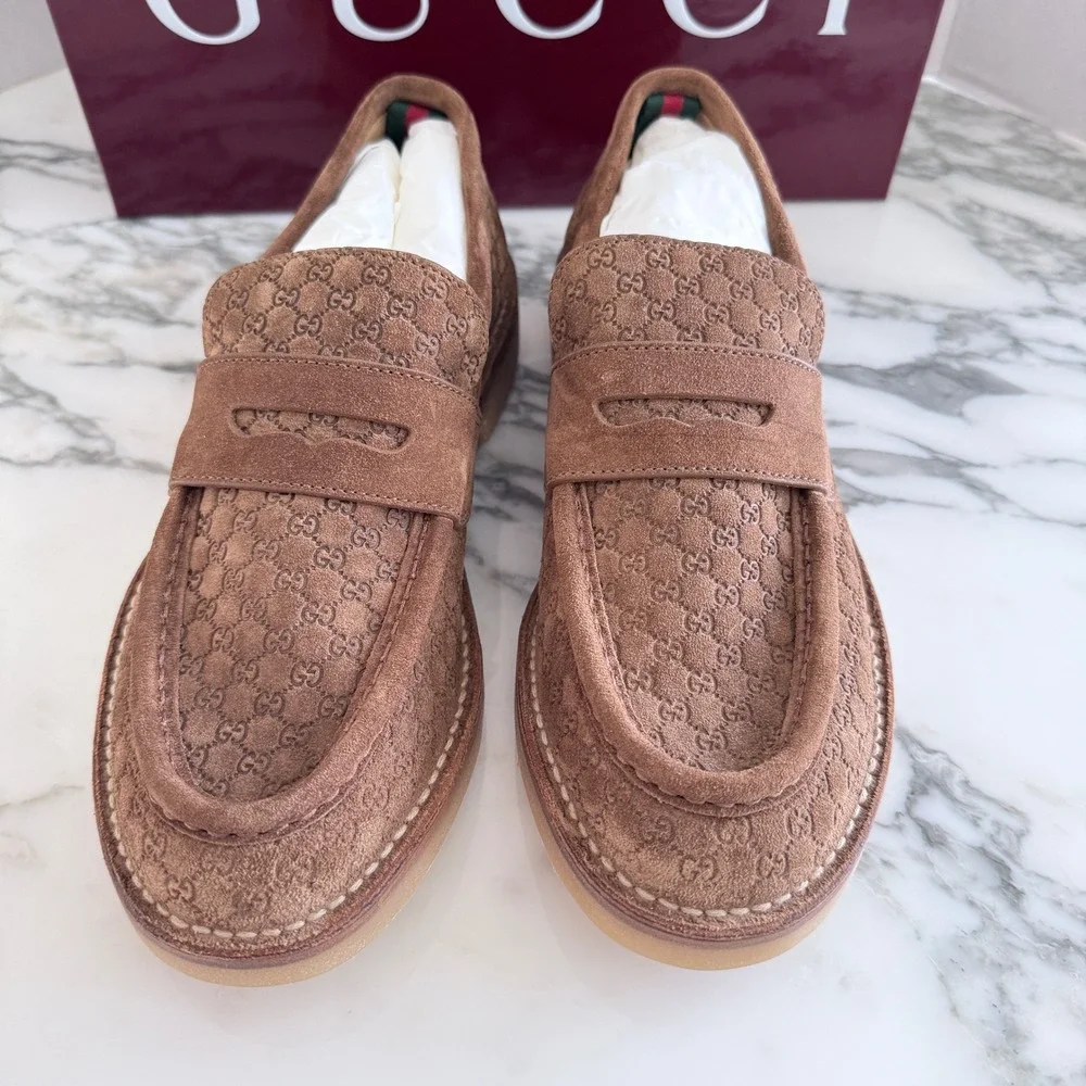 GUCCI  GG Moreau Moccasin Brown Suede Loafer Shoe Penny Strap, G 8+